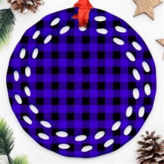 Dark Blue Black Buffalo Plaid Round Filigree Ornament (two Sides) by SpinnyChairDesigns