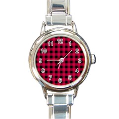 Dark Pink Black Buffalo Plaid Round Italian Charm Watch by SpinnyChairDesigns