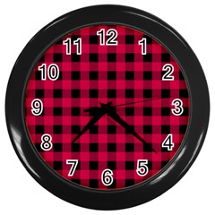 Dark Pink Black Buffalo Plaid Wall Clock (black) by SpinnyChairDesigns