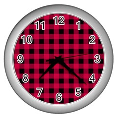 Dark Pink Black Buffalo Plaid Wall Clock (silver) by SpinnyChairDesigns