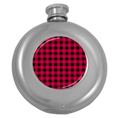 Dark Pink Black Buffalo Plaid Round Hip Flask (5 Oz) by SpinnyChairDesigns