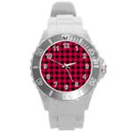 Dark Pink Black Buffalo Plaid Round Plastic Sport Watch (L) Front