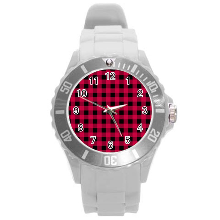 Dark Pink Black Buffalo Plaid Round Plastic Sport Watch (L)