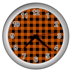 Orange Black Buffalo Plaid Wall Clock (silver) by SpinnyChairDesigns