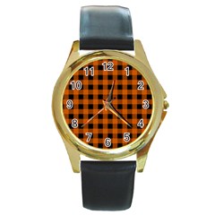 Orange Black Buffalo Plaid Round Gold Metal Watch by SpinnyChairDesigns