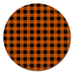 Orange Black Buffalo Plaid Magnet 5  (round) by SpinnyChairDesigns