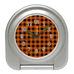 Orange Black Buffalo Plaid Travel Alarm Clock by SpinnyChairDesigns