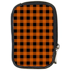 Orange Black Buffalo Plaid Compact Camera Leather Case by SpinnyChairDesigns