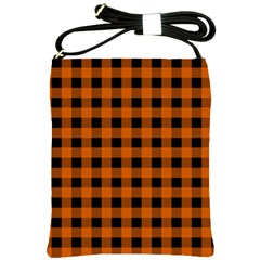 Orange Black Buffalo Plaid Shoulder Sling Bag by SpinnyChairDesigns