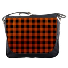 Orange Black Buffalo Plaid Messenger Bag by SpinnyChairDesigns