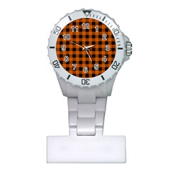 Orange Black Buffalo Plaid Plastic Nurses Watch by SpinnyChairDesigns