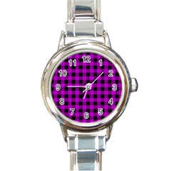 Purple Black Buffalo Plaid Round Italian Charm Watch by SpinnyChairDesigns