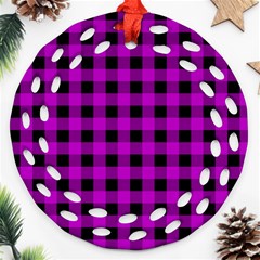 Purple Black Buffalo Plaid Ornament (round Filigree) by SpinnyChairDesigns