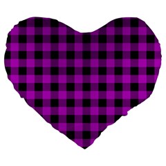 Purple Black Buffalo Plaid Large 19  Premium Flano Heart Shape Cushions by SpinnyChairDesigns