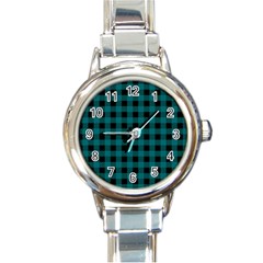 Teal Black Buffalo Plaid Round Italian Charm Watch by SpinnyChairDesigns