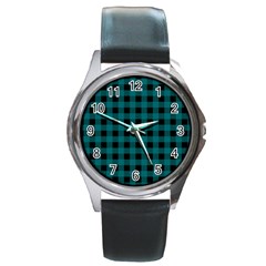 Teal Black Buffalo Plaid Round Metal Watch by SpinnyChairDesigns