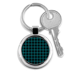 Teal Black Buffalo Plaid Key Chain (round) by SpinnyChairDesigns