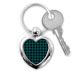 Teal Black Buffalo Plaid Key Chain (heart) by SpinnyChairDesigns