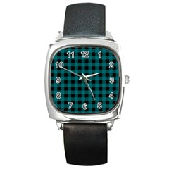 Teal Black Buffalo Plaid Square Metal Watch by SpinnyChairDesigns