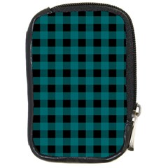 Teal Black Buffalo Plaid Compact Camera Leather Case by SpinnyChairDesigns