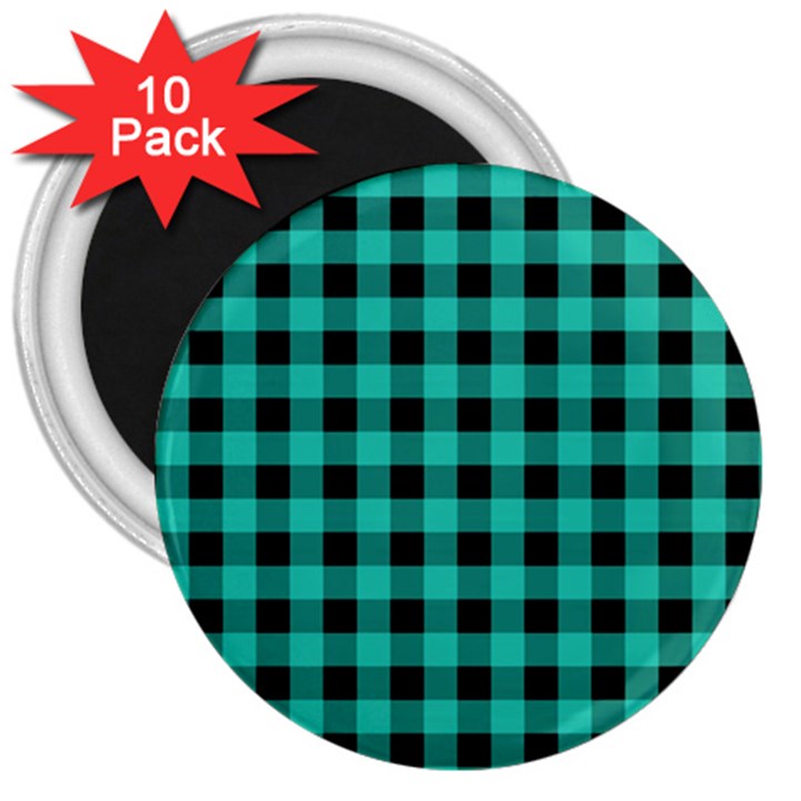 Turquoise Black Buffalo Plaid 3  Magnets (10 pack) 