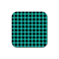 Turquoise Black Buffalo Plaid Rubber Square Coaster (4 Pack)  by SpinnyChairDesigns