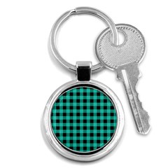 Turquoise Black Buffalo Plaid Key Chain (round) by SpinnyChairDesigns