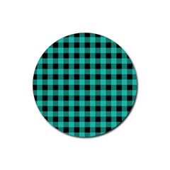 Turquoise Black Buffalo Plaid Rubber Round Coaster (4 Pack)  by SpinnyChairDesigns