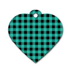 Turquoise Black Buffalo Plaid Dog Tag Heart (one Side) by SpinnyChairDesigns