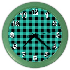 Turquoise Black Buffalo Plaid Color Wall Clock by SpinnyChairDesigns