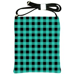 Turquoise Black Buffalo Plaid Shoulder Sling Bag by SpinnyChairDesigns