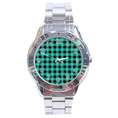 Turquoise Black Buffalo Plaid Stainless Steel Analogue Watch by SpinnyChairDesigns