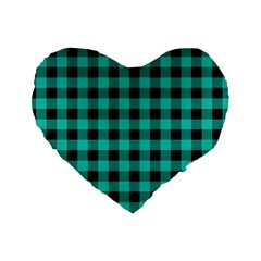 Turquoise Black Buffalo Plaid Standard 16  Premium Heart Shape Cushions by SpinnyChairDesigns