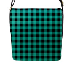 Turquoise Black Buffalo Plaid Flap Closure Messenger Bag (l) by SpinnyChairDesigns