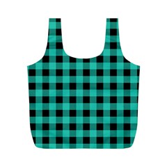 Turquoise Black Buffalo Plaid Full Print Recycle Bag (m) by SpinnyChairDesigns