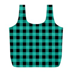 Turquoise Black Buffalo Plaid Full Print Recycle Bag (l) by SpinnyChairDesigns