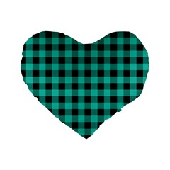 Turquoise Black Buffalo Plaid Standard 16  Premium Flano Heart Shape Cushions by SpinnyChairDesigns