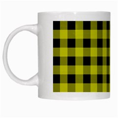 Yellow Black Buffalo Plaid White Mugs by SpinnyChairDesigns