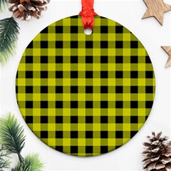 Yellow Black Buffalo Plaid Round Ornament (two Sides) by SpinnyChairDesigns