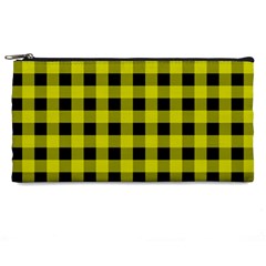 Yellow Black Buffalo Plaid Pencil Case by SpinnyChairDesigns