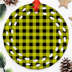 Yellow Black Buffalo Plaid Round Filigree Ornament (two Sides) by SpinnyChairDesigns