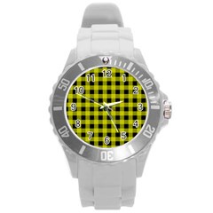 Yellow Black Buffalo Plaid Round Plastic Sport Watch (l) by SpinnyChairDesigns