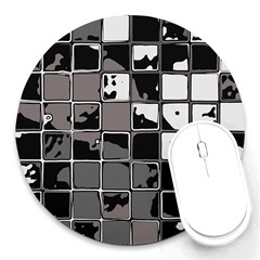 Black And White Checkered Grunge Pattern Round Mousepads by SpinnyChairDesigns