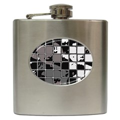 Black And White Checkered Grunge Pattern Hip Flask (6 Oz) by SpinnyChairDesigns