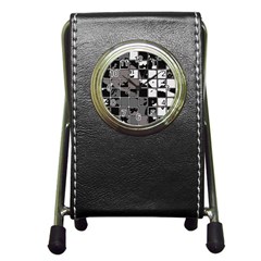 Black And White Checkered Grunge Pattern Pen Holder Desk Clock by SpinnyChairDesigns