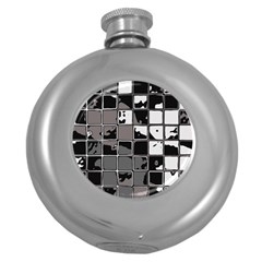 Black And White Checkered Grunge Pattern Round Hip Flask (5 Oz) by SpinnyChairDesigns