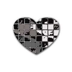 Black And White Checkered Grunge Pattern Rubber Coaster (heart)  by SpinnyChairDesigns