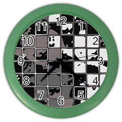 Black And White Checkered Grunge Pattern Color Wall Clock by SpinnyChairDesigns