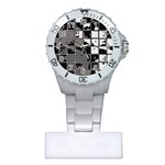 Black and White Checkered Grunge Pattern Plastic Nurses Watch Front