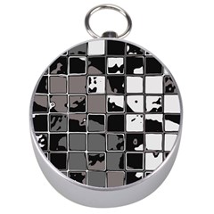 Black And White Checkered Grunge Pattern Silver Compasses by SpinnyChairDesigns